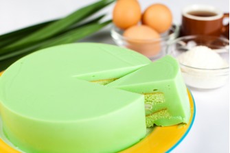 Pandan Kaya Fudge Cake with Fresh Coconut Slices